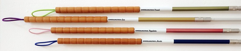 Unsere neuen Kinderlangstöcke Urmeli, Moritz, Pippilotta und Leia in unterschiedlichen Farben