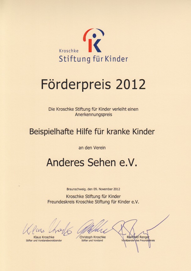 Urkunde Kroschke Stiftung Förderpreis